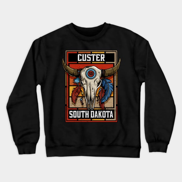 Custer South Dakota Native American Bison Skull Crewneck Sweatshirt by SouthDakotaGifts